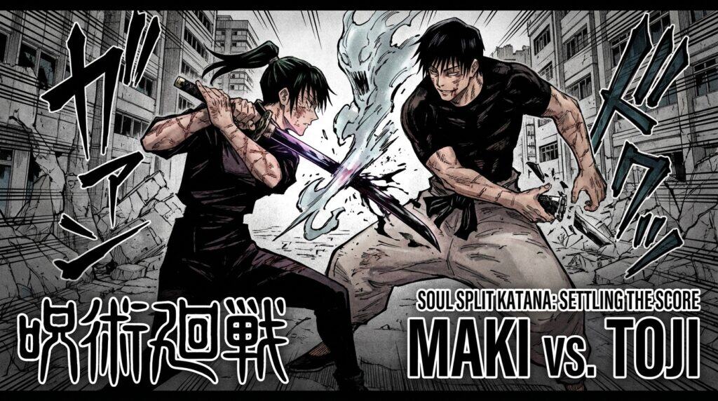 How does the Soul Split Katana settle the score in Maki Zenin vs Toji Fushiguro?